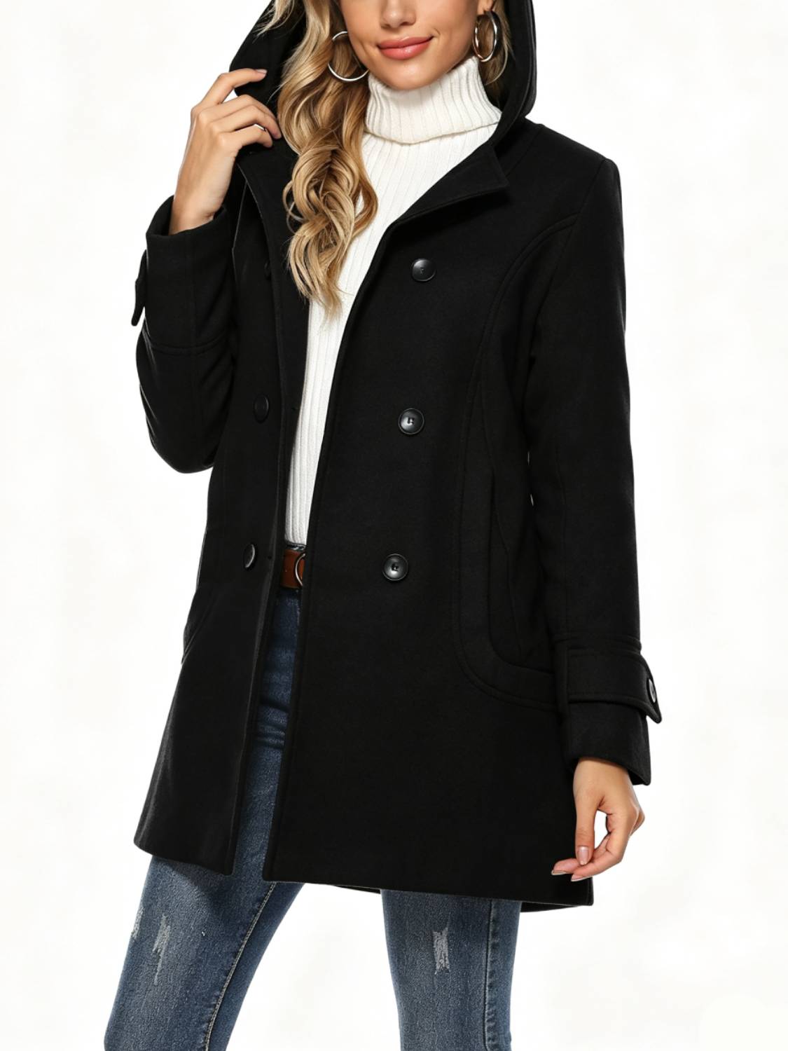 Women's Hooded Wool Blend Coat Mid Long Peacoats