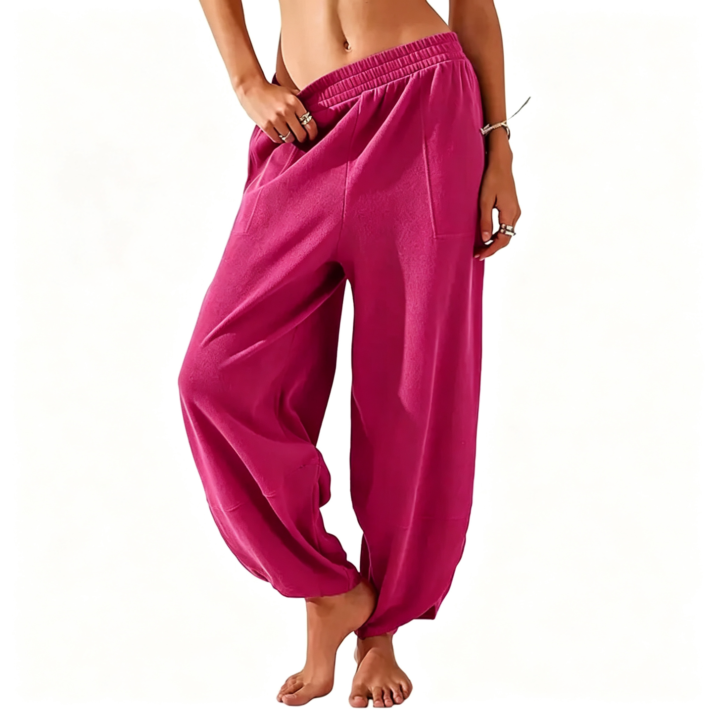 Elastic Waist Pocket Boho Baggy Wide Leg Harem Pants