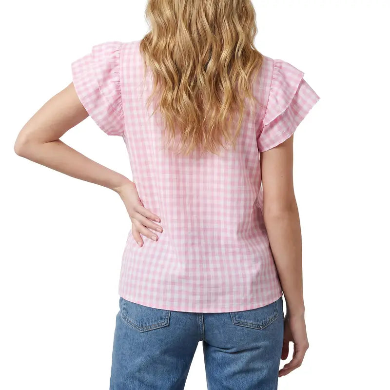 Gingham Ruffle Cap Sleeve V Neck Casual Blouse