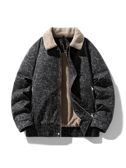 Vintage Leopard Print Lapel Fleece‑Lined Warm Winter Jacket