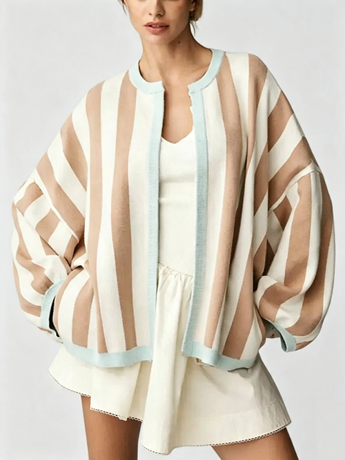 Women Striped Knit Cardigan Oversized Open Front Balloon Long Sleeve Sweater