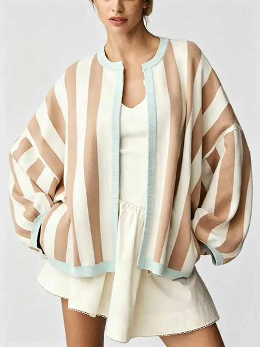 Women Striped Knit Cardigan Oversized Open Front Balloon Long Sleeve Sweater