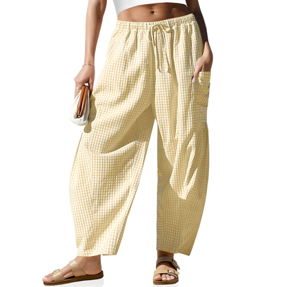Gingham Drawstring Barrel Wide Leg Pants