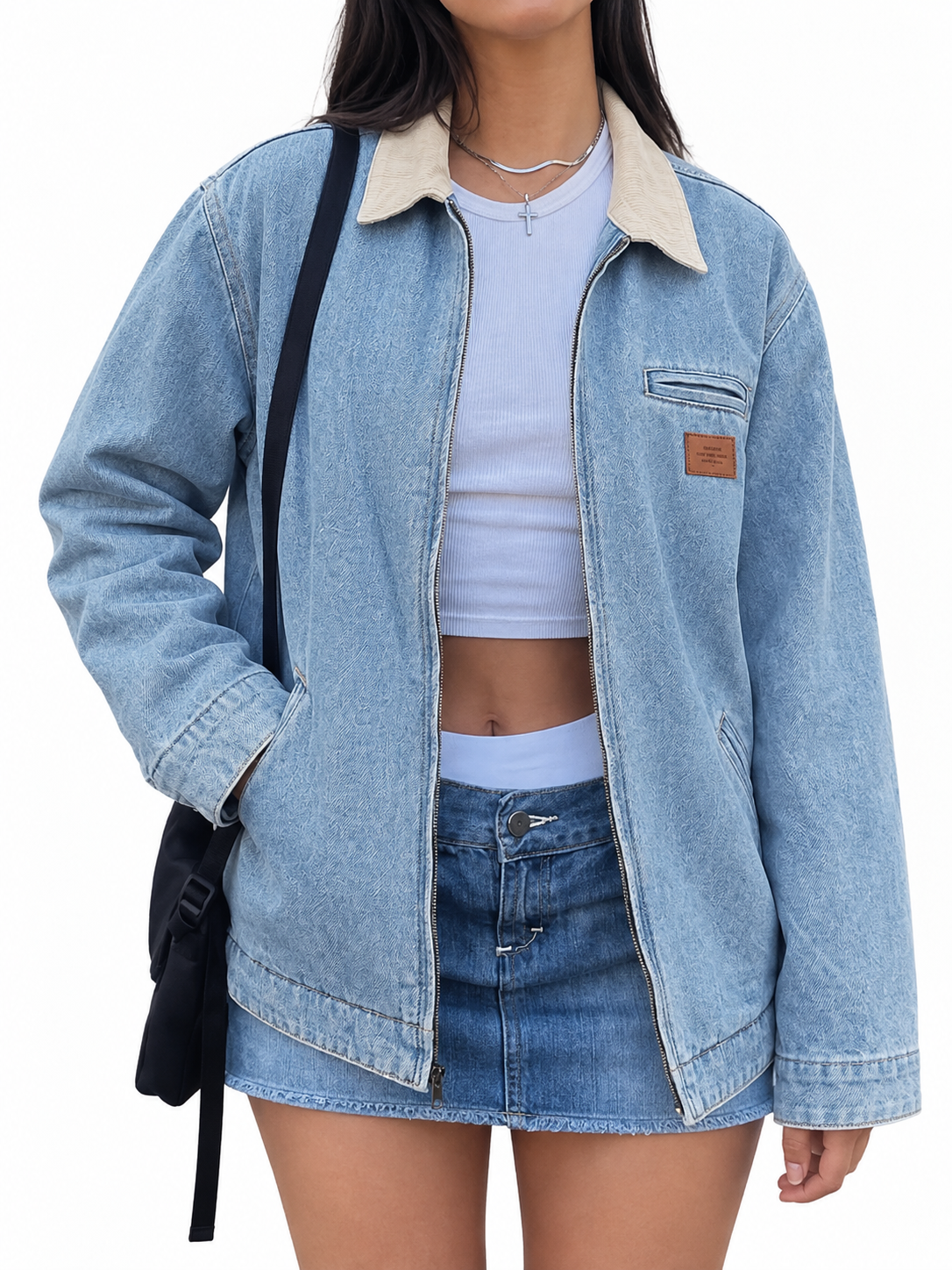 Women Zipper Collared Denim Barn Jacket