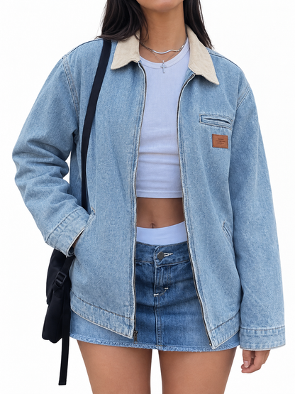 Women Zipper Collared Denim Barn Jacket