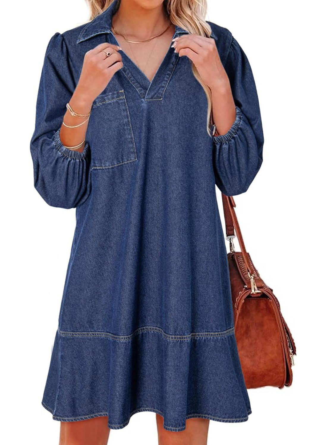⏰Hot Sale-Women's V-neck Puff Sleeve Denim Layered Dress