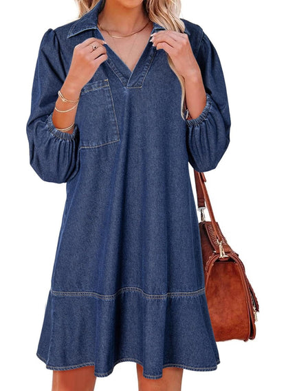 ⏰Hot Sale-Women's V-neck Puff Sleeve Denim Layered Dress