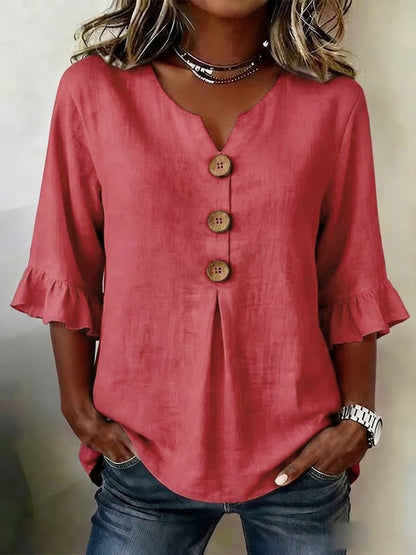 Women's V-Neck Wood Button Ruffle Sleeve Blouse