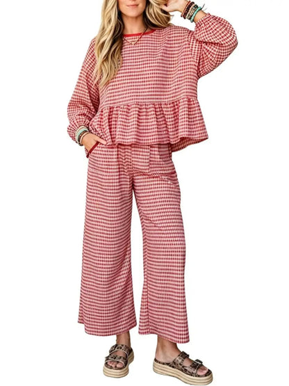 Women Gingham Ruffle Two Piece Outfit Set