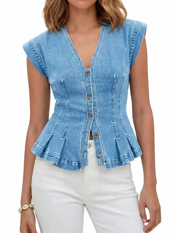 Women's Y2K V-Neck Pleated Denim Sleeveless Vest