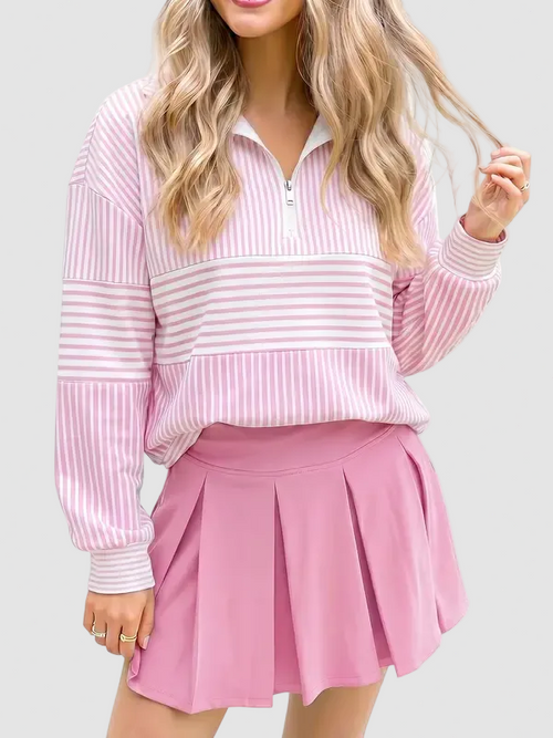 Quarter Zip Colorblock Striped Oversized Top
