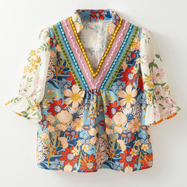 Women's Boho Floral V-Neck Puff Sleeve Blouse