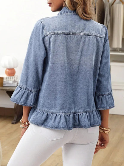 Women's Lightweight Vintage 3/4 Sleeve Ruffle Washed Denim Jacket