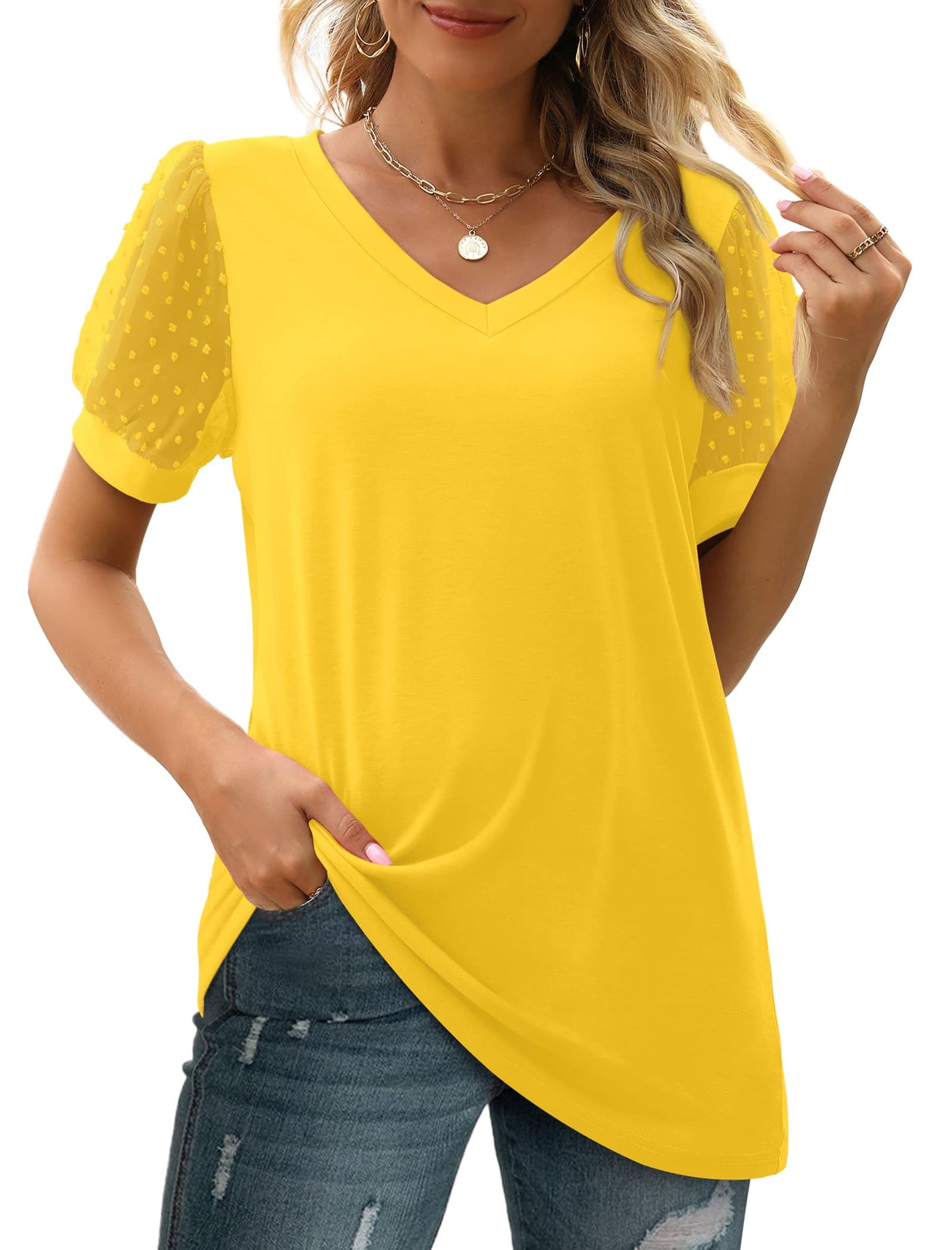 ✨New Women's Summer V Neck T Shirts Swiss Dot Puff Sleeve Tops