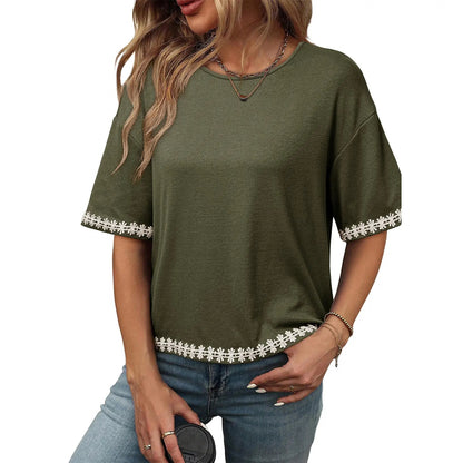 Women's Casual Summer Crewneck Short Sleeve Embroidered Loose Oversized Basic Tee