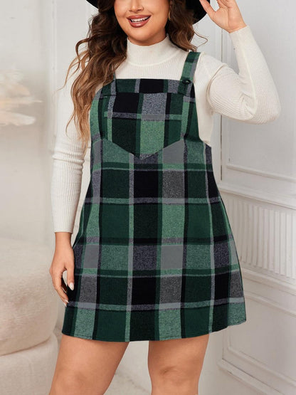 Plus Size Plaid Print Pocket Pinafore Dress