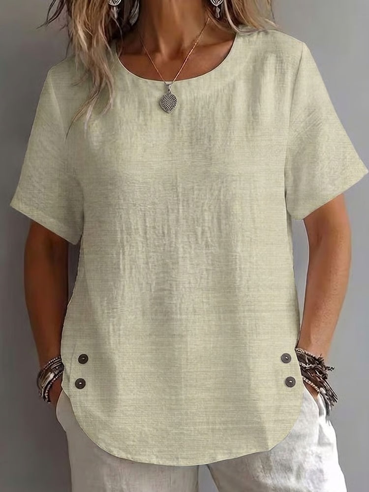 Women's Crew Neck Side Button Casual T-Shirt