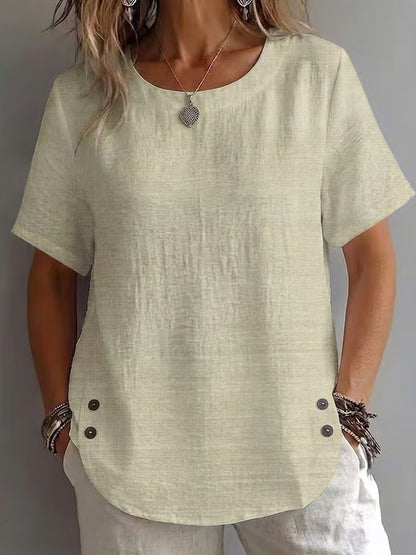 Women's Crew Neck Side Button Casual T-Shirt