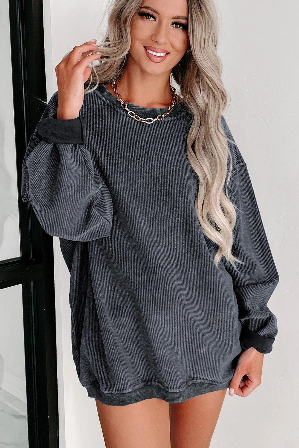 ✨ Women's Solid Color Ribbed Knit Round Neck Pullover Sweatshirt