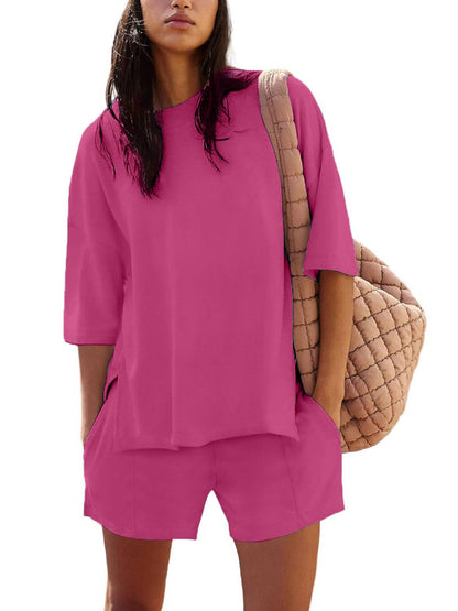 Women's Casual Solid Color Suit with Slit Top and Shorts