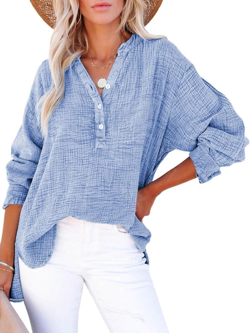 ⏰Hot Sale-Womens Casual Button V Neck Long Sleeve Shirts Oversized Solid Blouses Tops