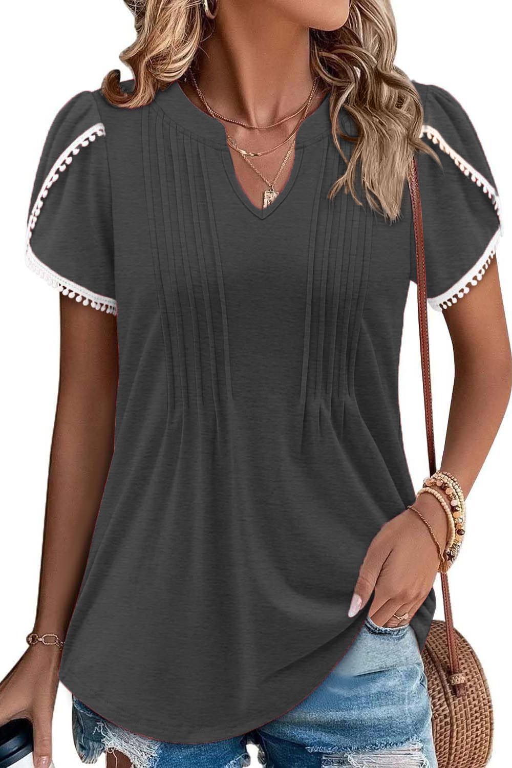 ✨Women's Cute Fringe Cuff Casual Short Sleeve Printed & Solid Tops