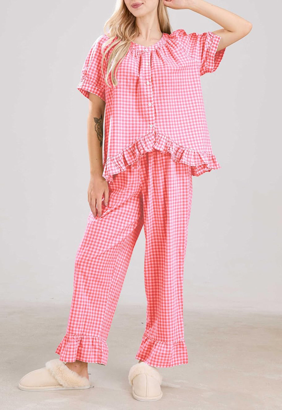 ✨Women Plaid 2 Piece Set Pajamas Outfits Short Sleeve Ruffle Shirt Pants Sets