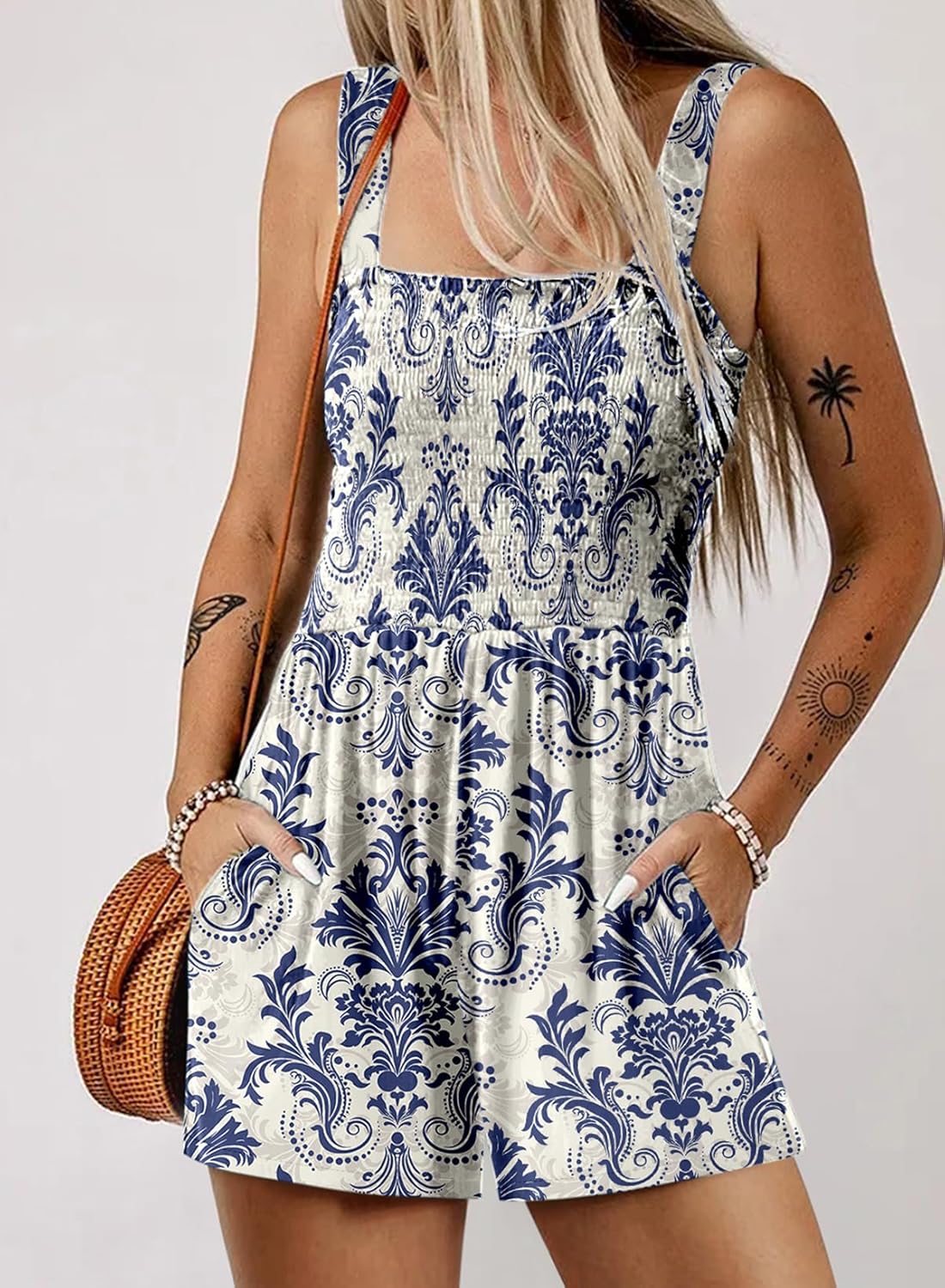 Women's Casual Sleeveless Floral Jumpsuit Cute Romper with Pockets