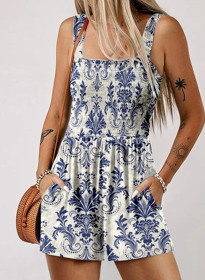 Women's Casual Sleeveless Floral Jumpsuit Cute Romper with Pockets