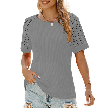 ✨Women Casual Round Neck Waffle Grid Patchwork Hollow Out Embroidered T-Shirt