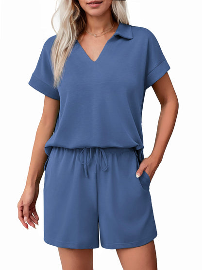 ✨Women Summer Lounge Sets Short Sleeve Sweatshirt V-neck Tops and Drawstring Shorts Outfits Tracksuit