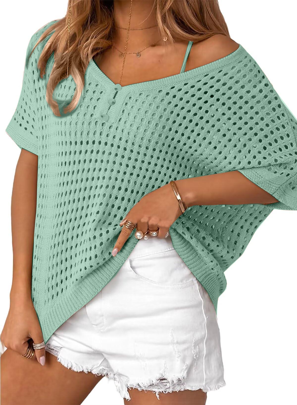 ✨Womens Summer V Neck Short Sleeve Button Down Sweater Casual Crochet Hollow Out Knit Tops Beach Coverup