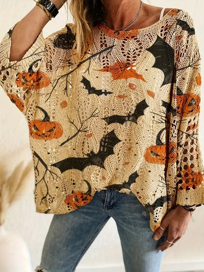 ✨Halloween Crew Neck Pumpkin Loose Fit Long Sleeve Cutout Sweater