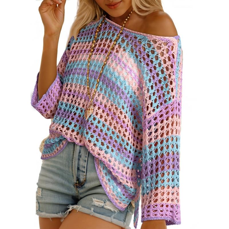 Womens Spring Summer 3/4 Sleeve Crochet Sweater Hollow Out Color Block Striped Tops