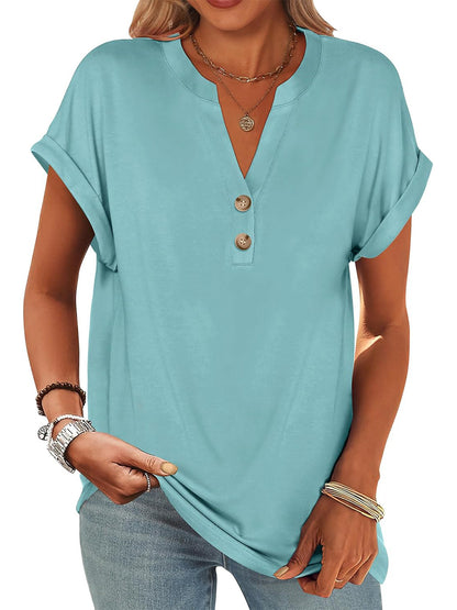 ✨Women's V Neck Button Casual Loose Fit Short Sleeve Henley Tops