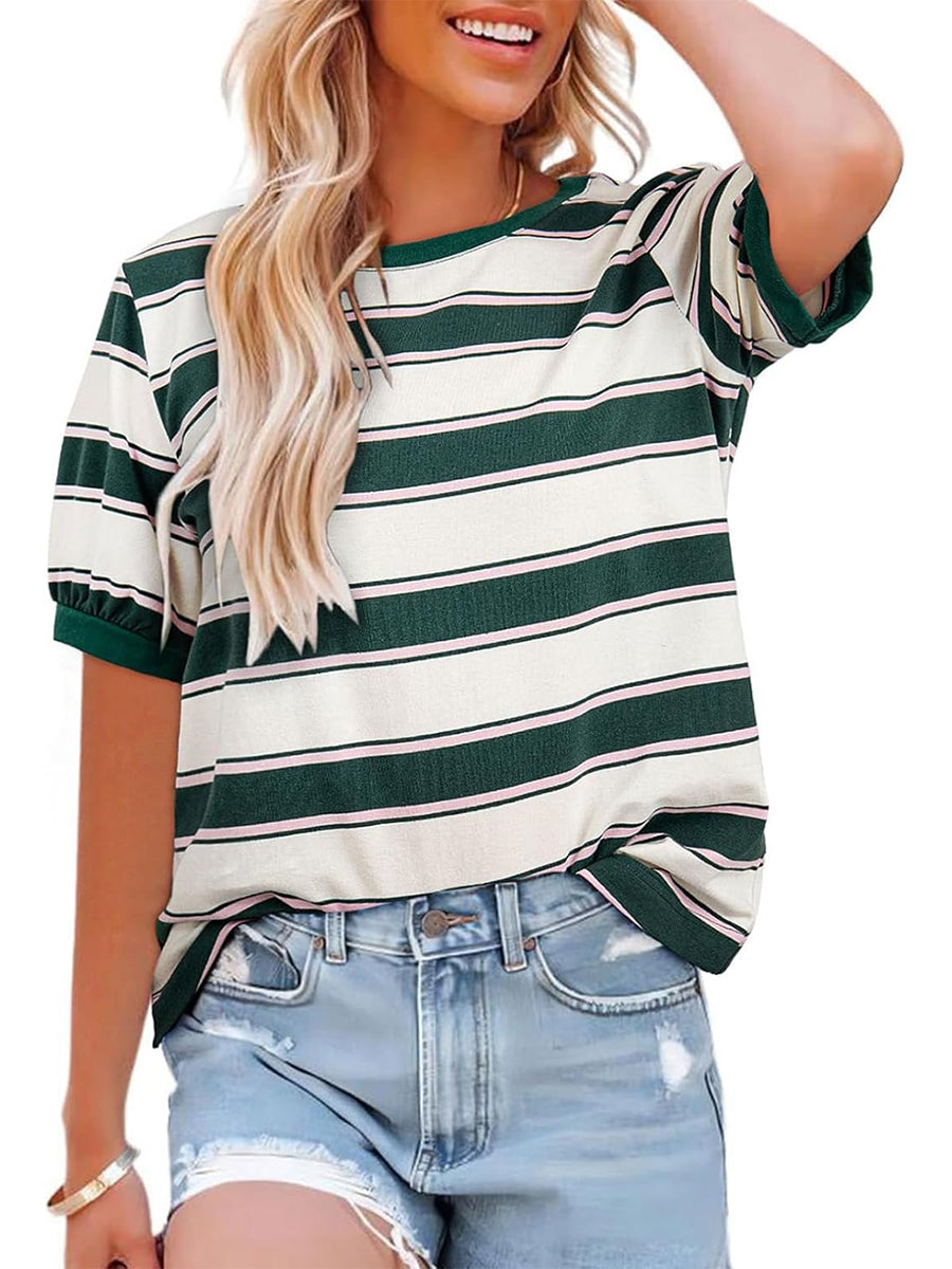 🔥HOT SALE Women's Striped Color Block Short Sleeve T-Shirts Casual Loose Basic Tee