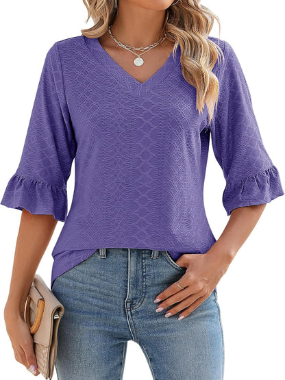 ✨Womens 3/4 Length Sleeve V-Neck Eyelet Casual Ruffle Sleeve Tunic Blouses