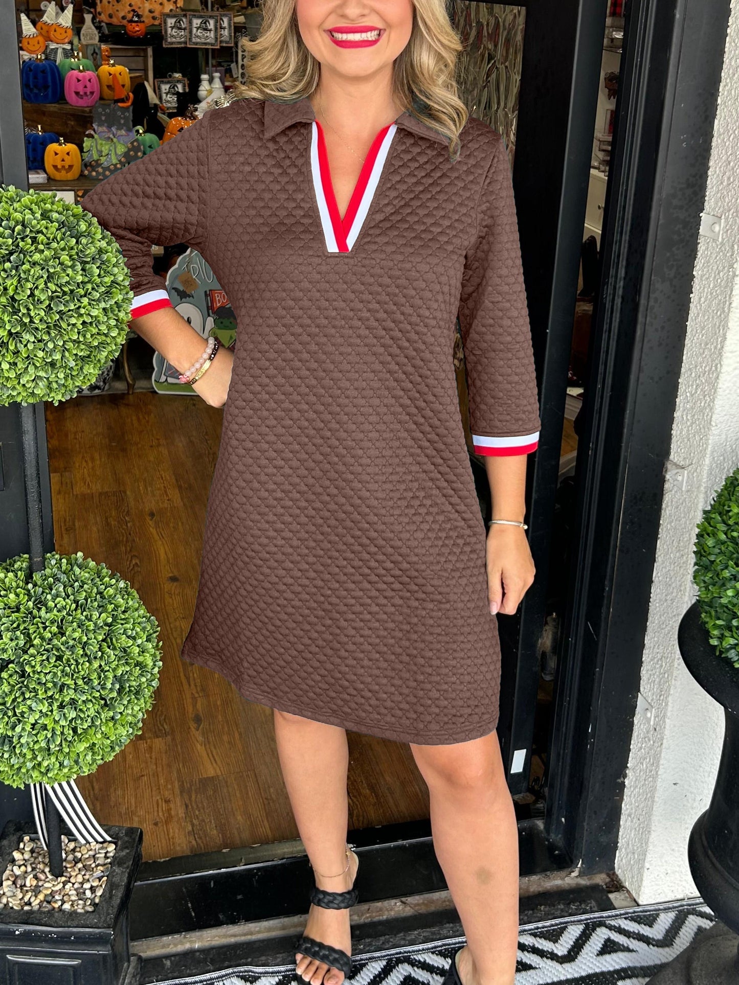 Textured Contrasting V-neck Dress (Buy 2 Free Shipping)