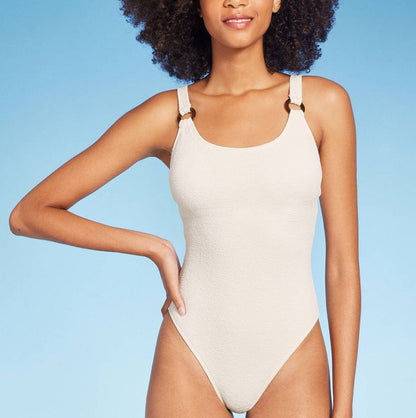 Square Neck Pucker Textured High Leg One Piece Swimsuit