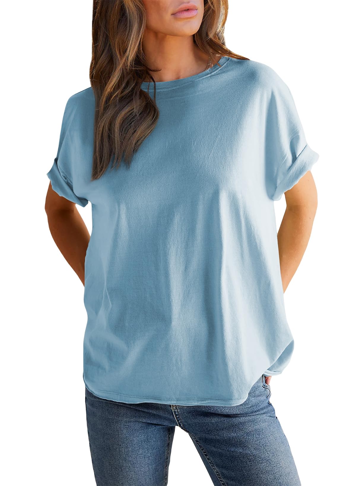 Women’s Round neck solid color short sleeve back spliced T-shirt cotton tee
