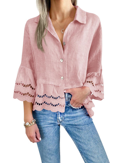 Women‘s Chic Ruffle Hem Blouse with Hollow Out Design