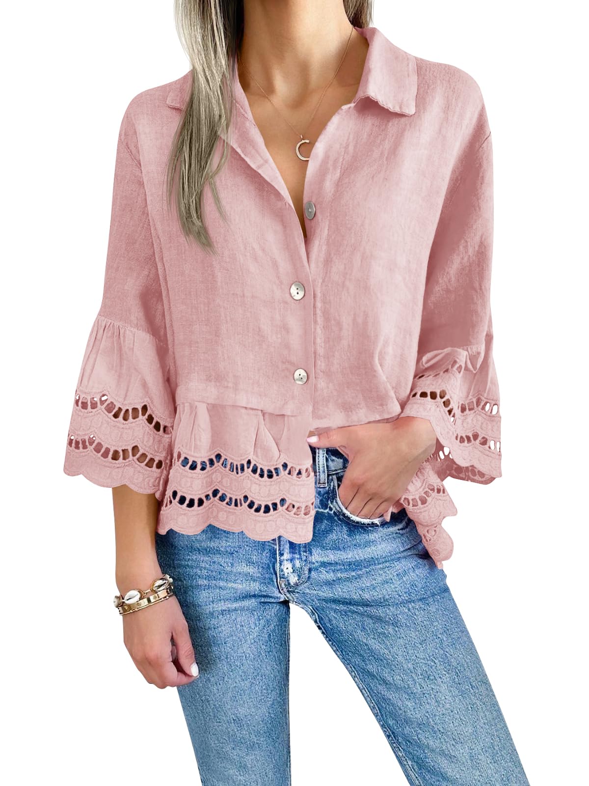 Women‘s Chic Ruffle Hem Blouse with Hollow Out Design