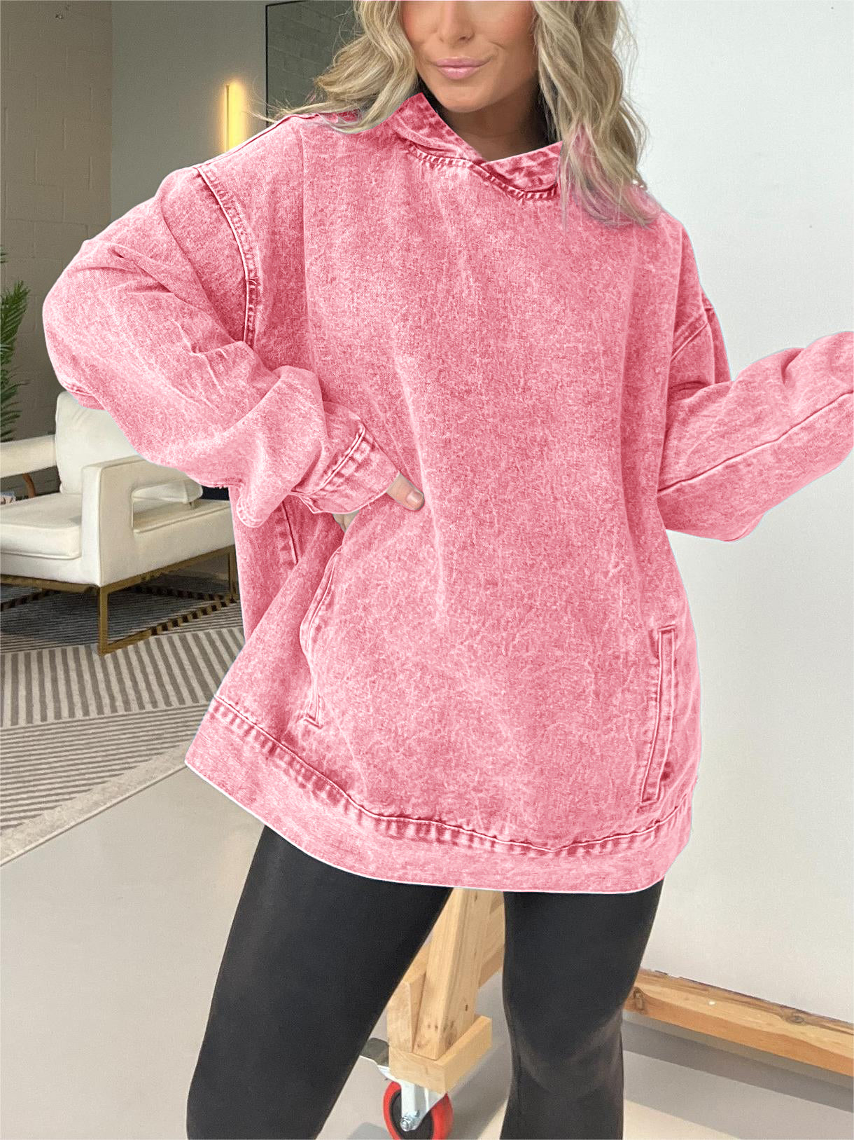 Denim Hooded Sweatshirt with Front Pockets