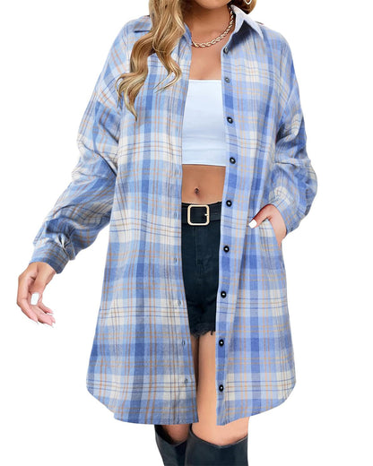 Women's Button Down Flannel Shirts Plaid Shacket  Collared Long Jacket Coats