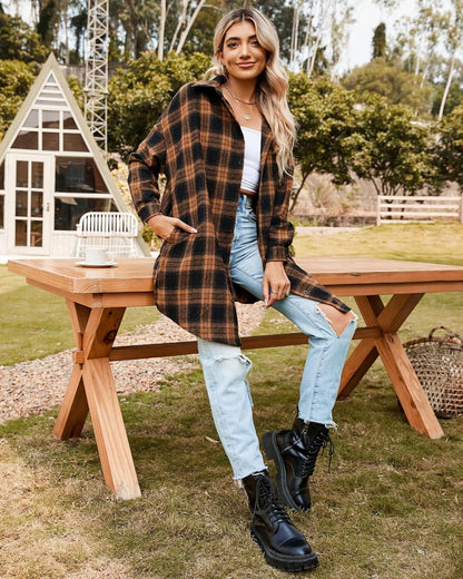Women's Button Down Flannel Shirts Plaid Shacket  Collared Long Jacket Coats