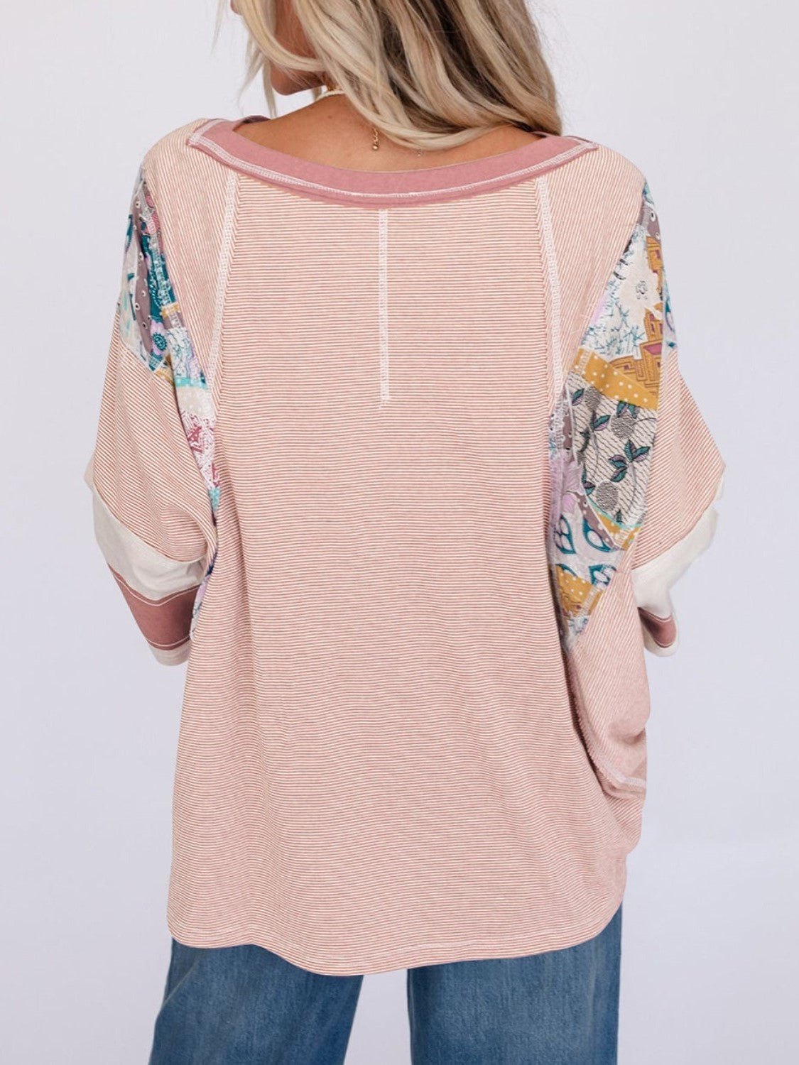 ✨Women's Casual Striped Floral Print Patchwork Oversized 3/4 Sleeve Top