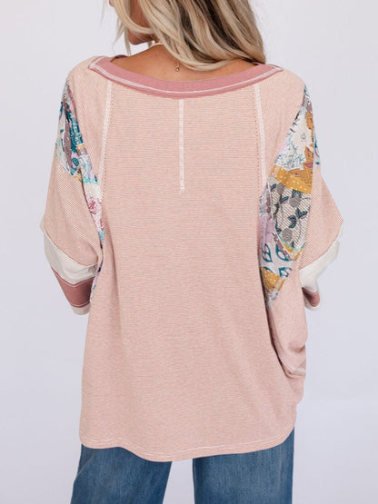 ✨Women's Casual Striped Floral Print Patchwork Oversized 3/4 Sleeve Top
