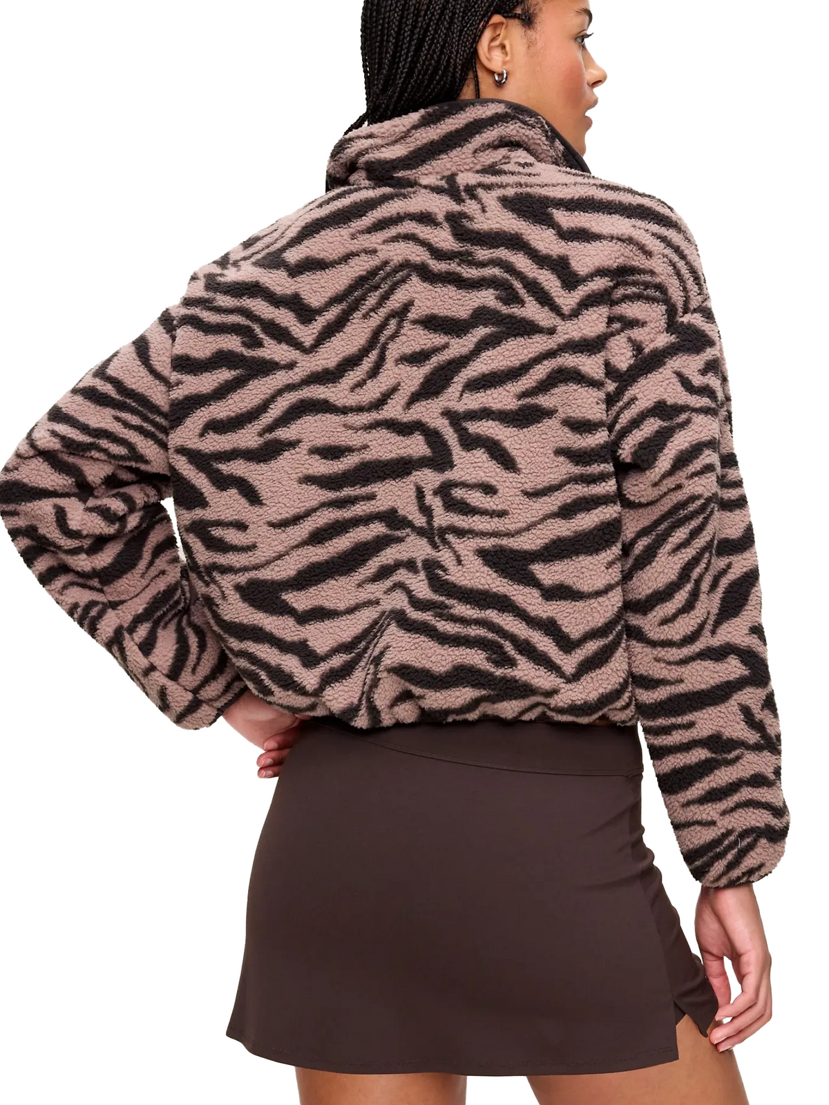 Women Zebra Print Half Zip Funnel Neck Pullover