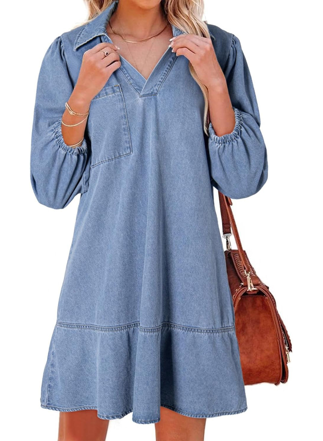 ⏰Hot Sale-Women's V-neck Puff Sleeve Denim Layered Dress