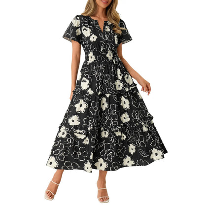 Women‘s Summer Short Sleeve Maxi Dresses Casual Floral